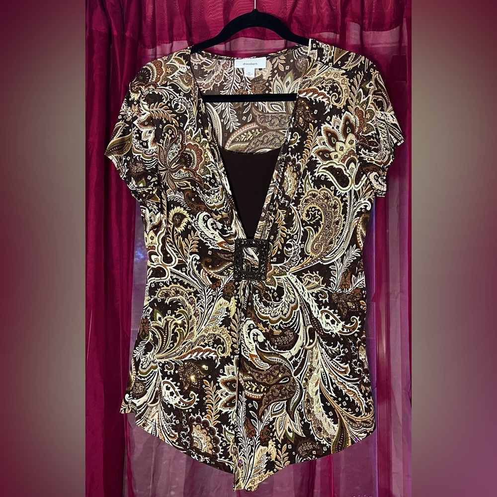 Sparkly Brown Paisley Print 90s/Y2K Babydoll Boho Ruched V-neck Layered Top